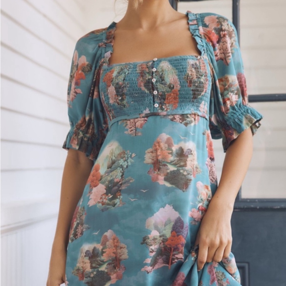 NWOT Anthropologie Teal Floral Smocked Puff Sleeve Midi Dress S - Picture 4 of 9